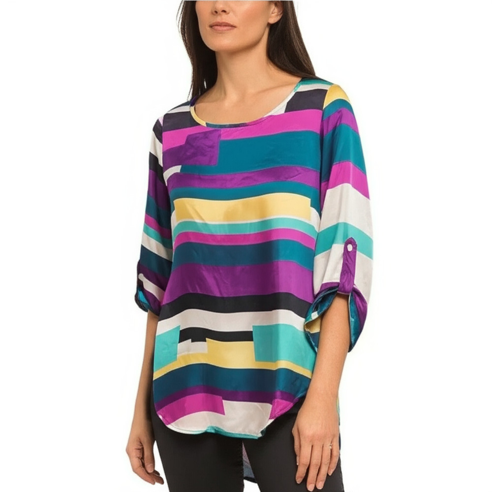 APT. 9 Blouse Womens Size M Multi-Color Geometric Roll Tab Sleeve Artsy
